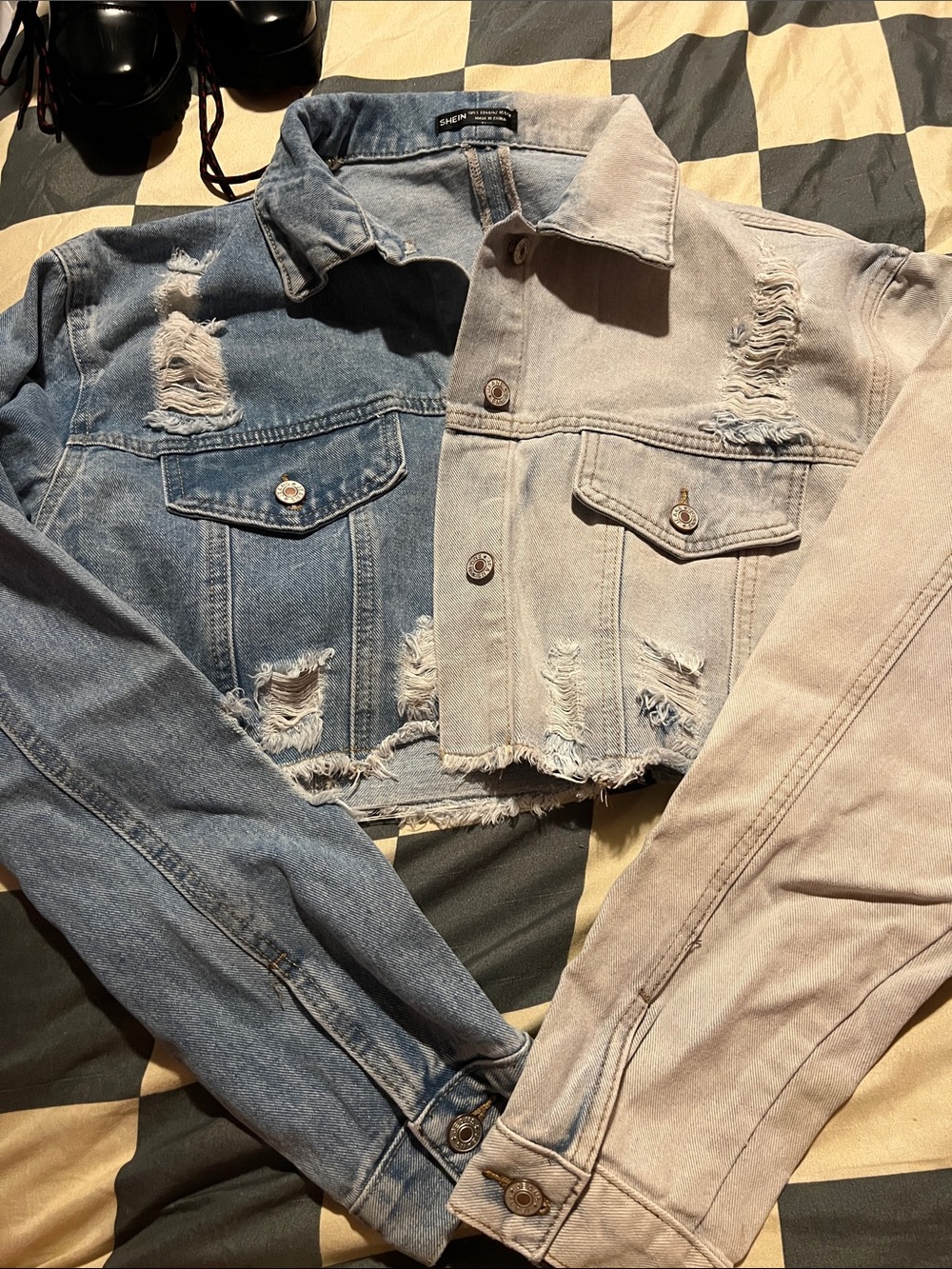 Distressed Two-Tone Denim cropped Jacket - Light Blue/Blue